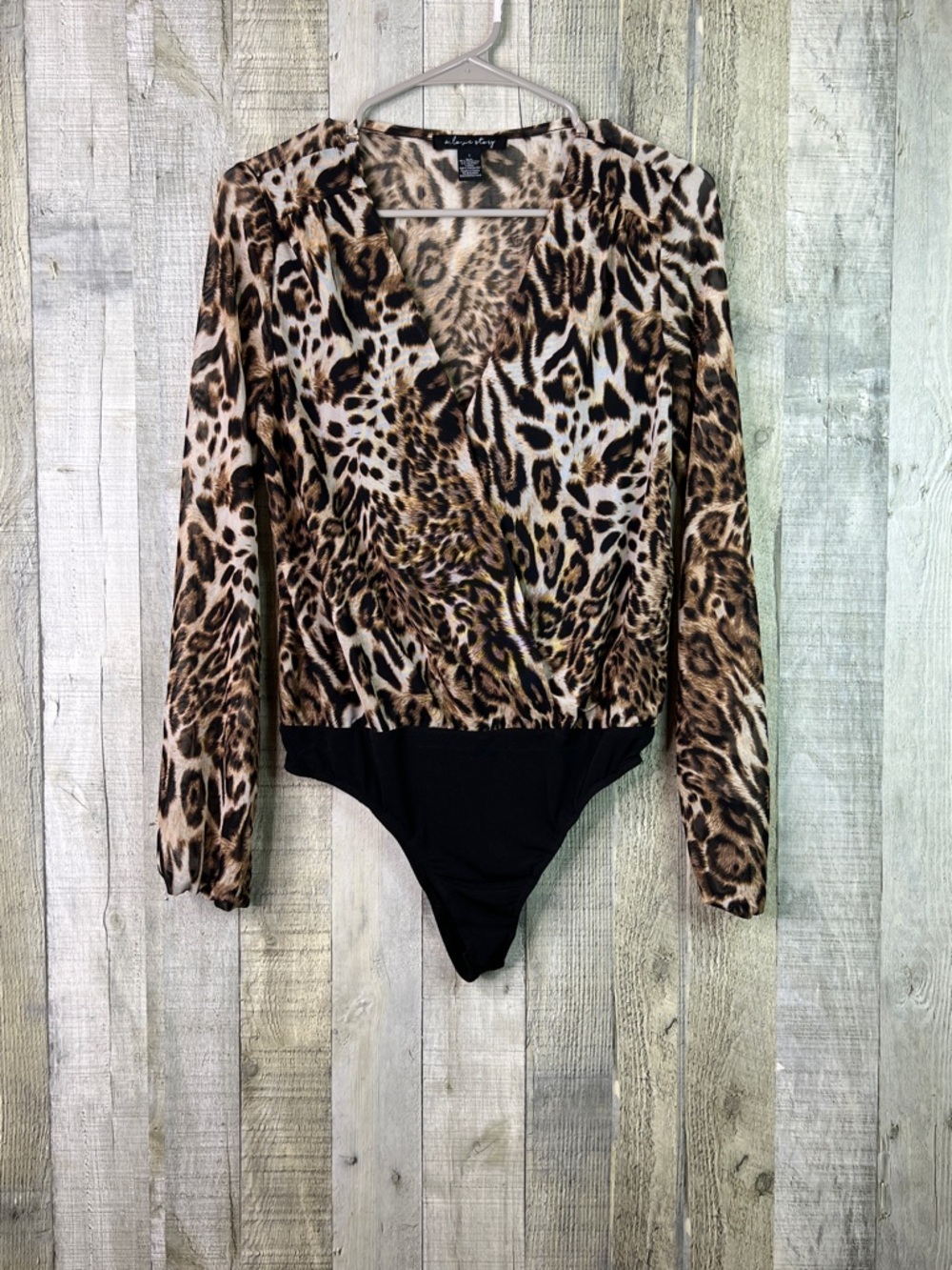 A Love Story Small Leopard Print Surplice Long Sleeve Body Suit Deep V-Neck